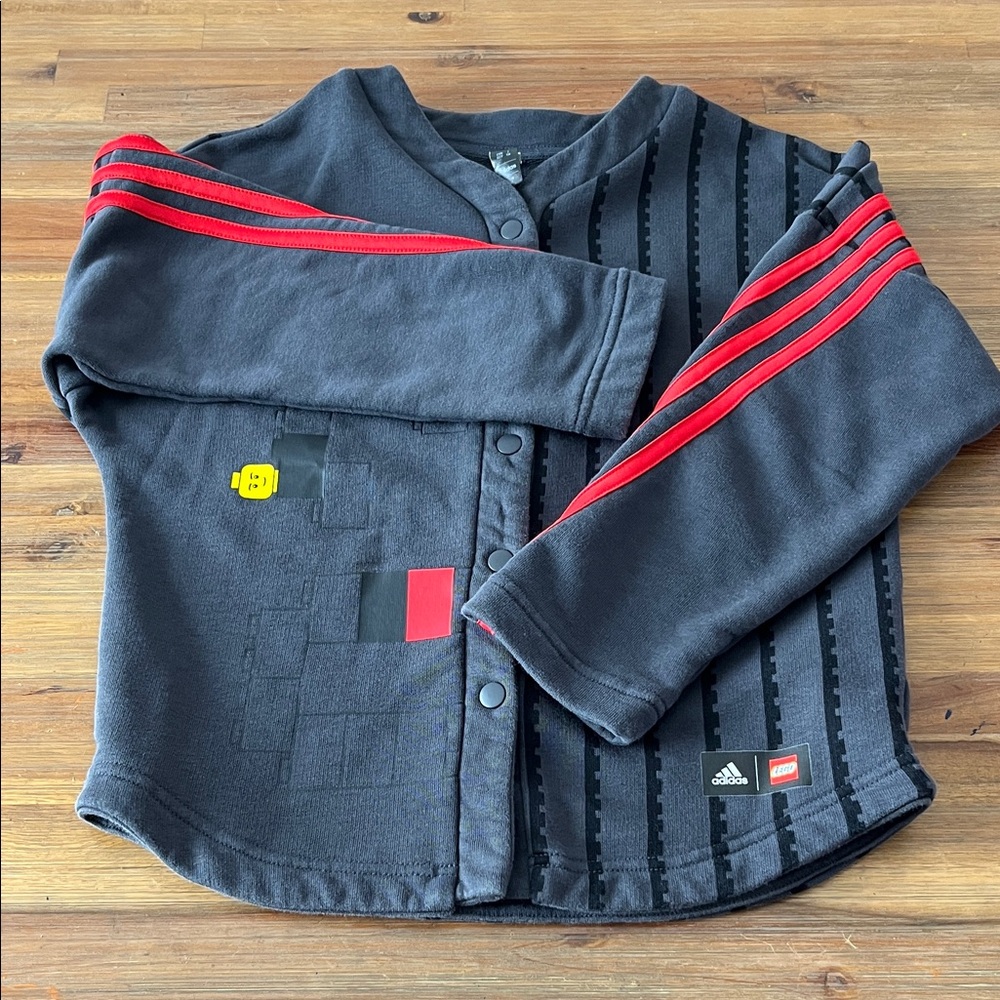Adidas Lego Boys Black Track Jacket with Red Sleeve Stripes Size 7-8
